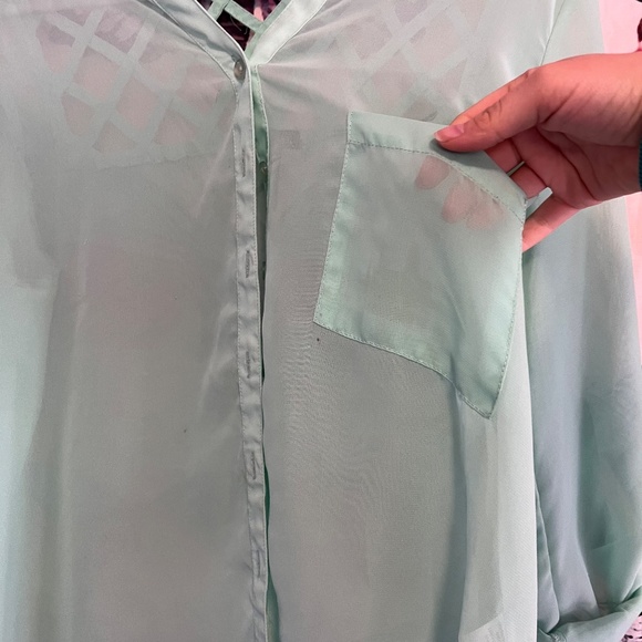 Sheer Sea Foam Green Button Up shirt with lattice cut weaving - Picture 7 of 11